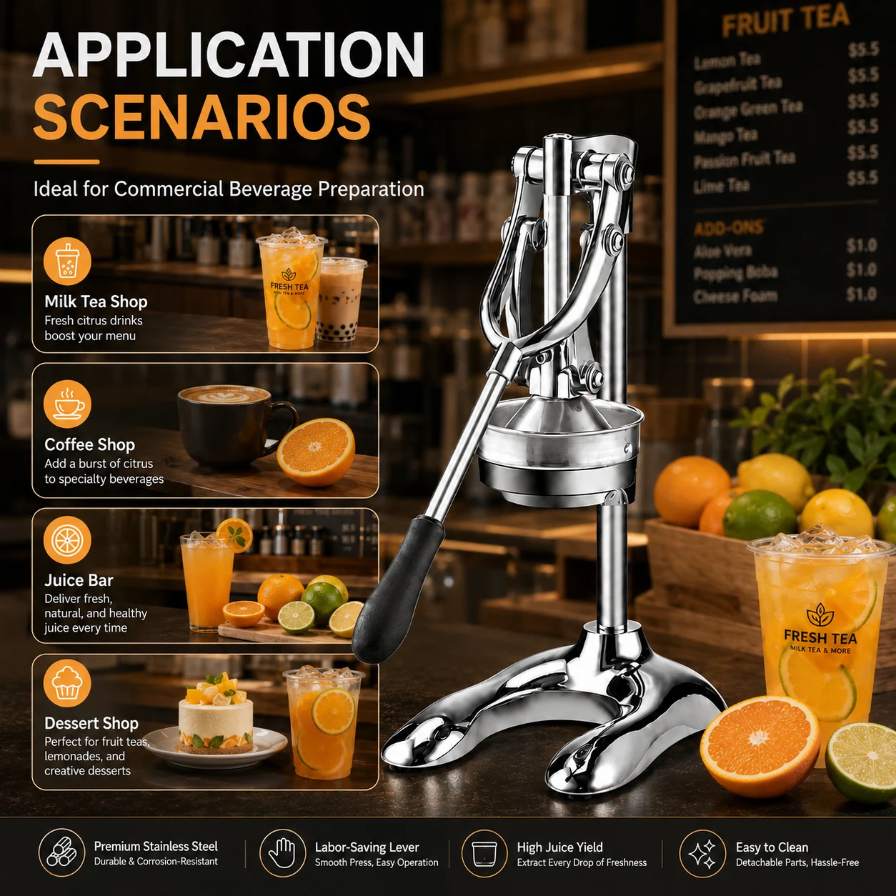Fresh lemon orange and lime beverage preparation in a commercial drink shop