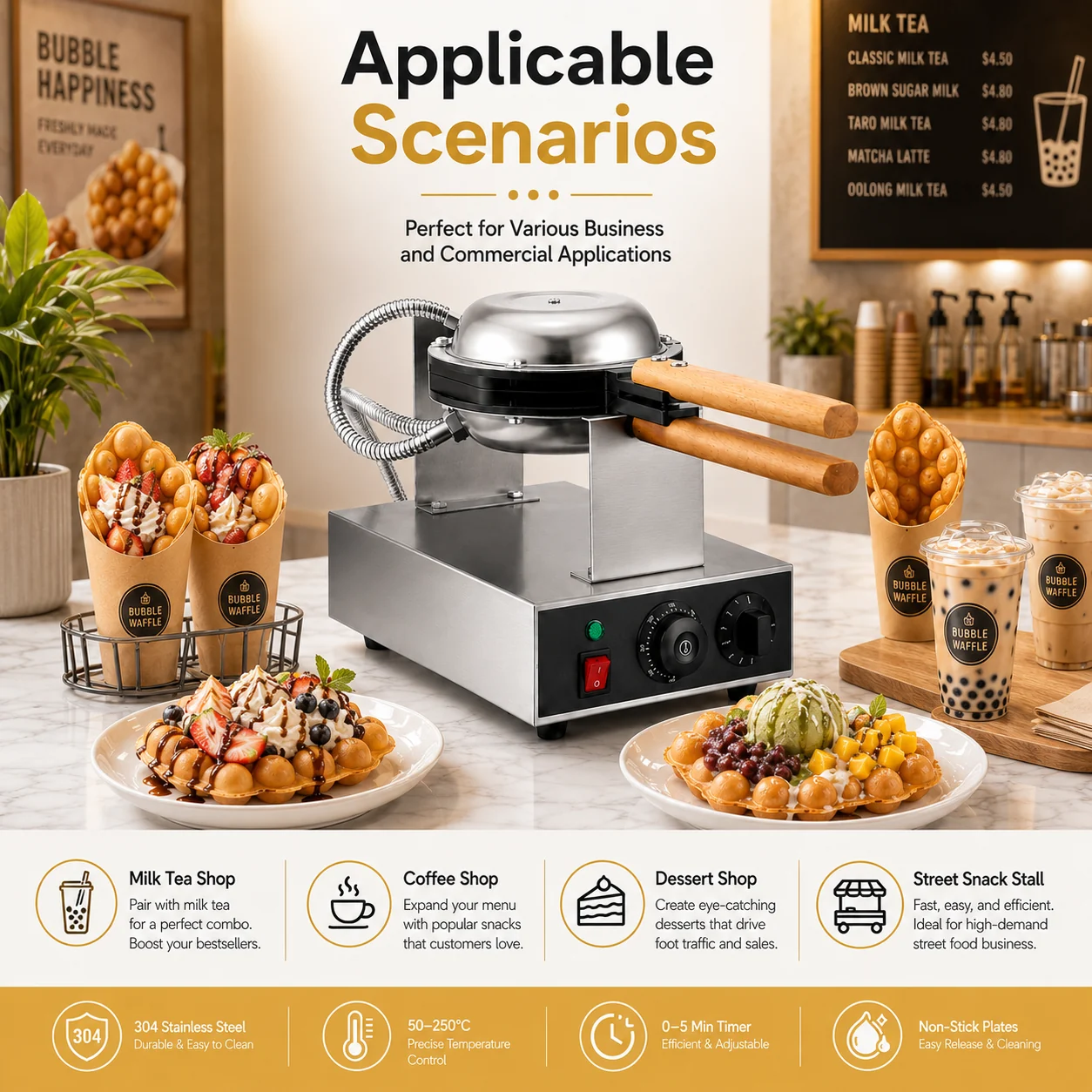 Bubble waffle desserts served in milk tea café and dessert shop settings