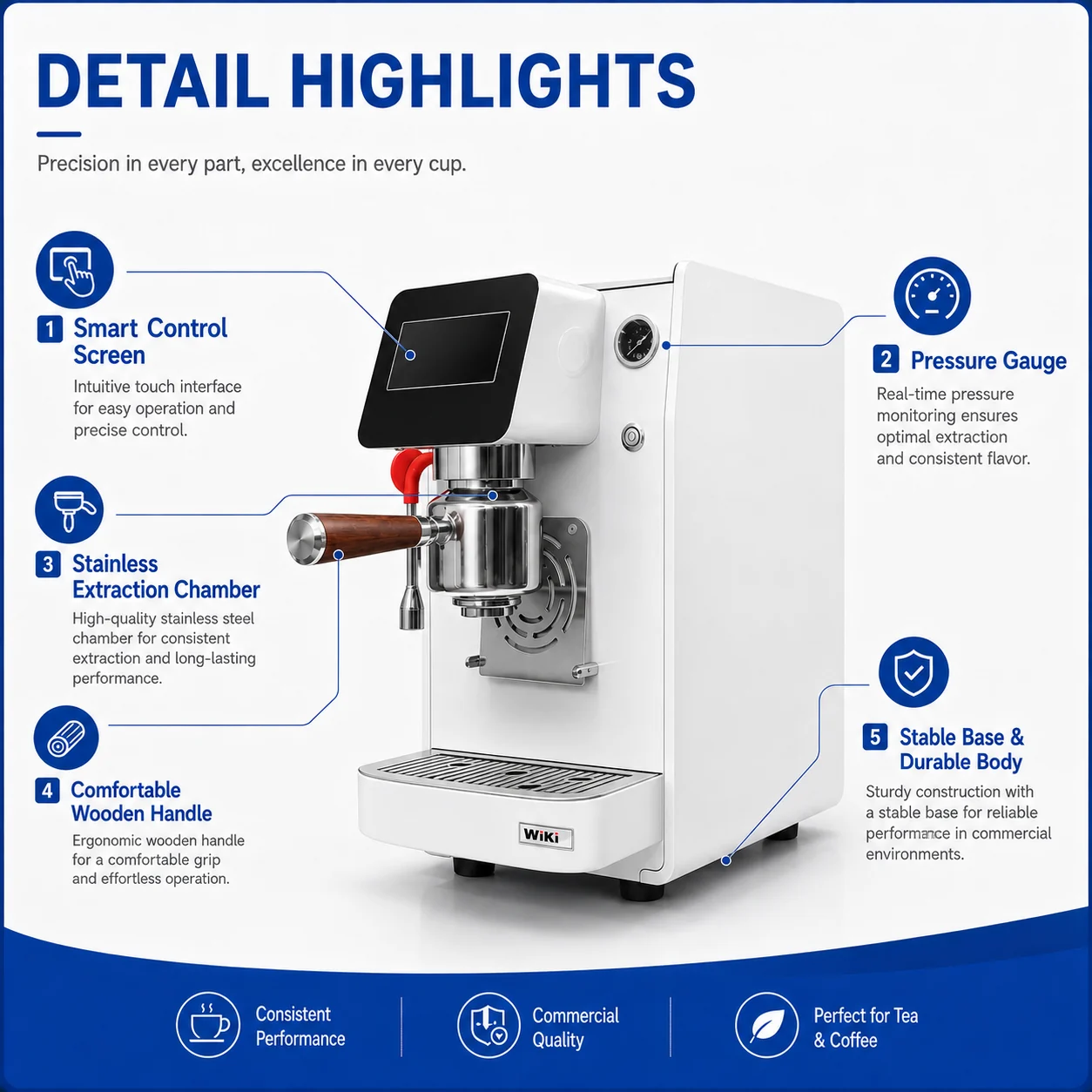 Smart control screen pressure gauge extraction chamber and wooden handle details