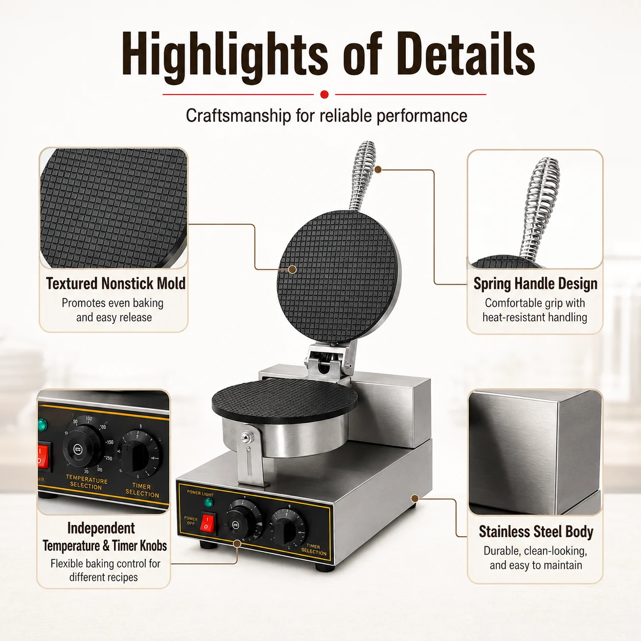Textured baking mold spring handle timer controls and stainless steel housing