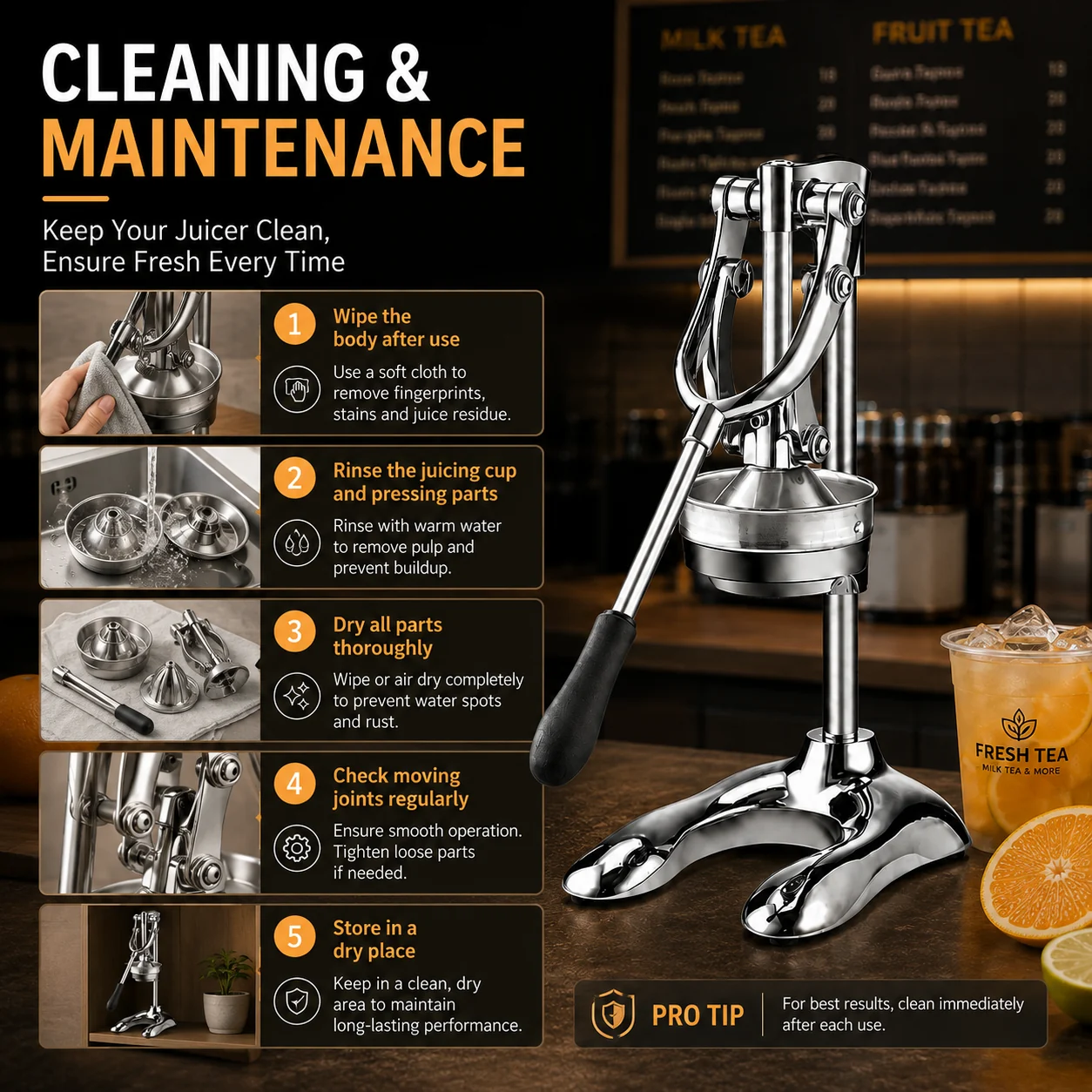 Cleaning removable pressing parts and checking lever joints after use