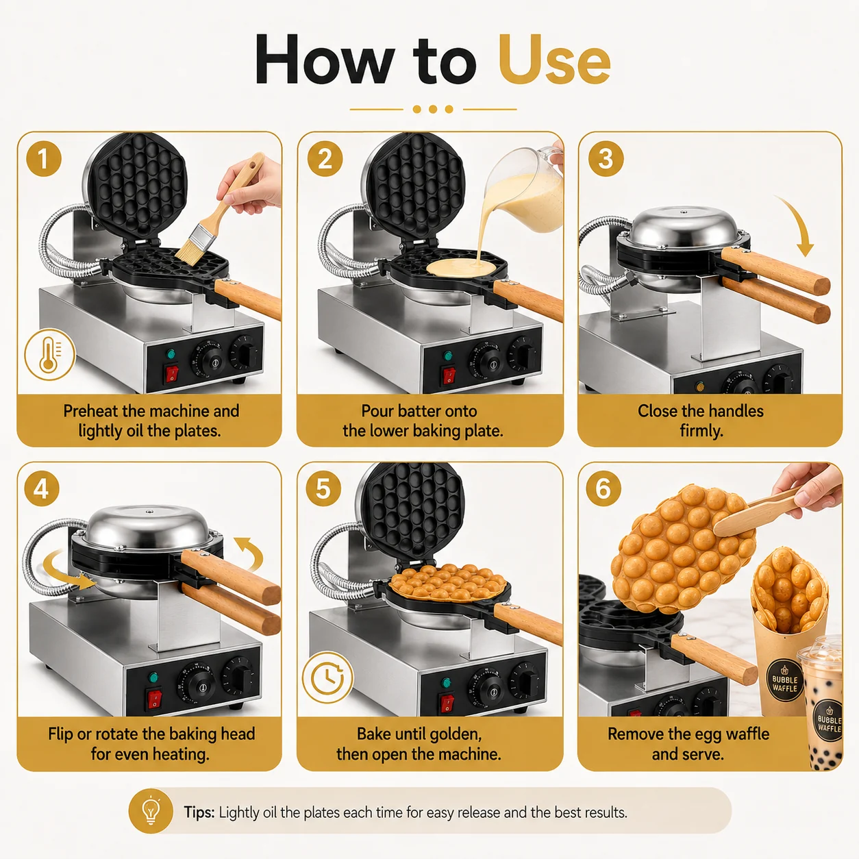 Six-step FY-6 egg waffle maker operating guide from preheating to serving