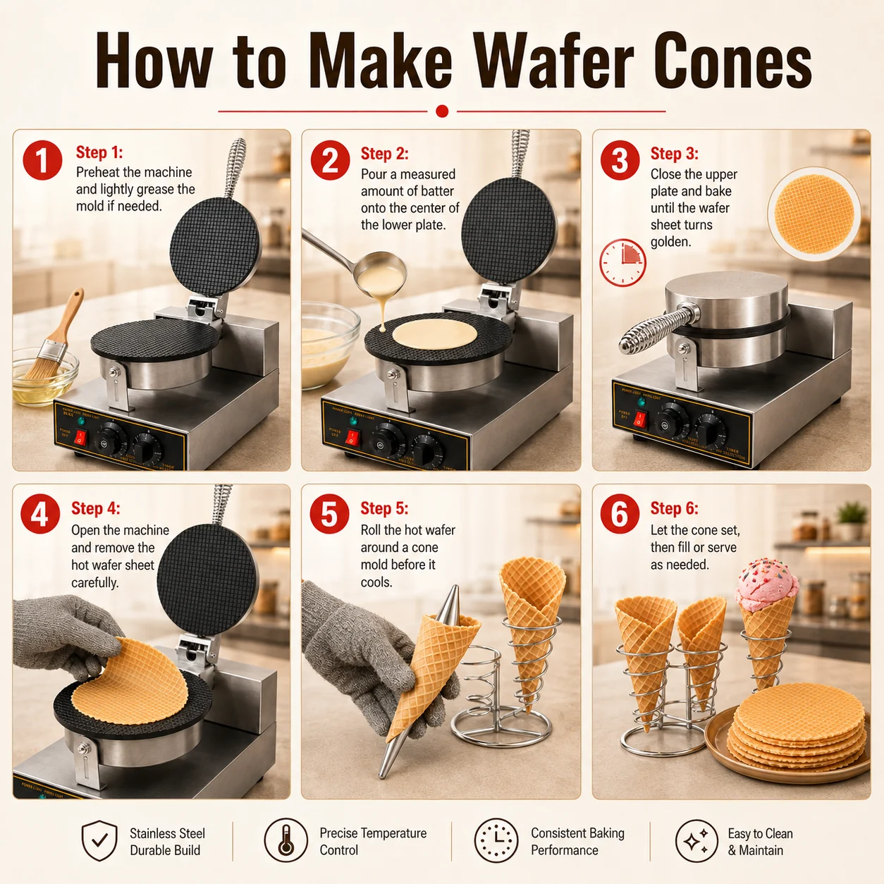 Six-step wafer cone maker guide from preheating to rolling a hot cone