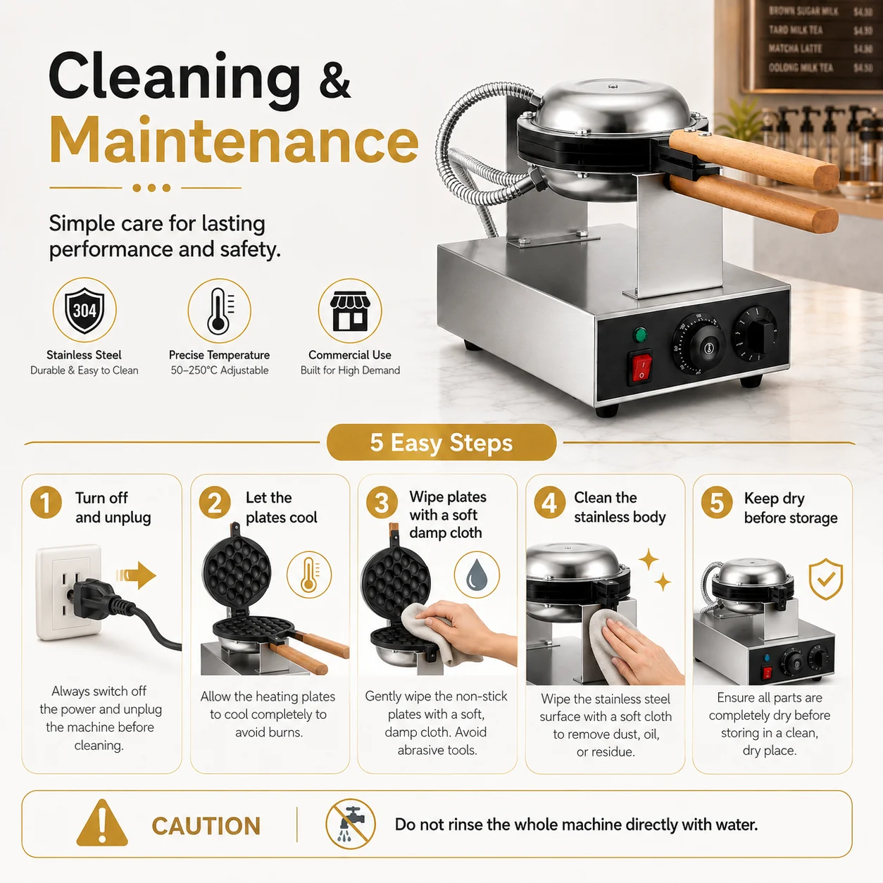 Egg waffle machine cleaning steps including cooling plates and wiping stainless surfaces