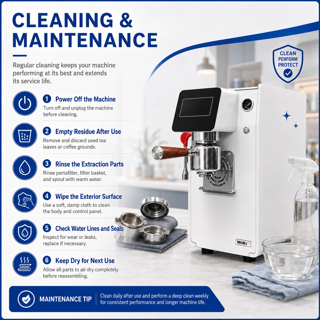 Cleaning extraction chamber filter parts and exterior after commercial beverage service