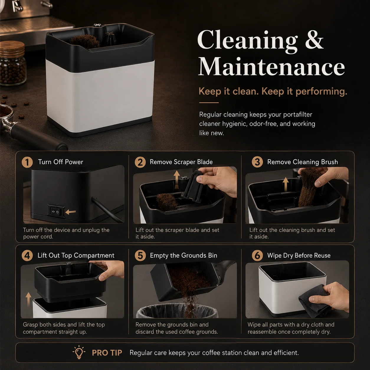 Coffee cleaning station maintenance and grounds container removal
