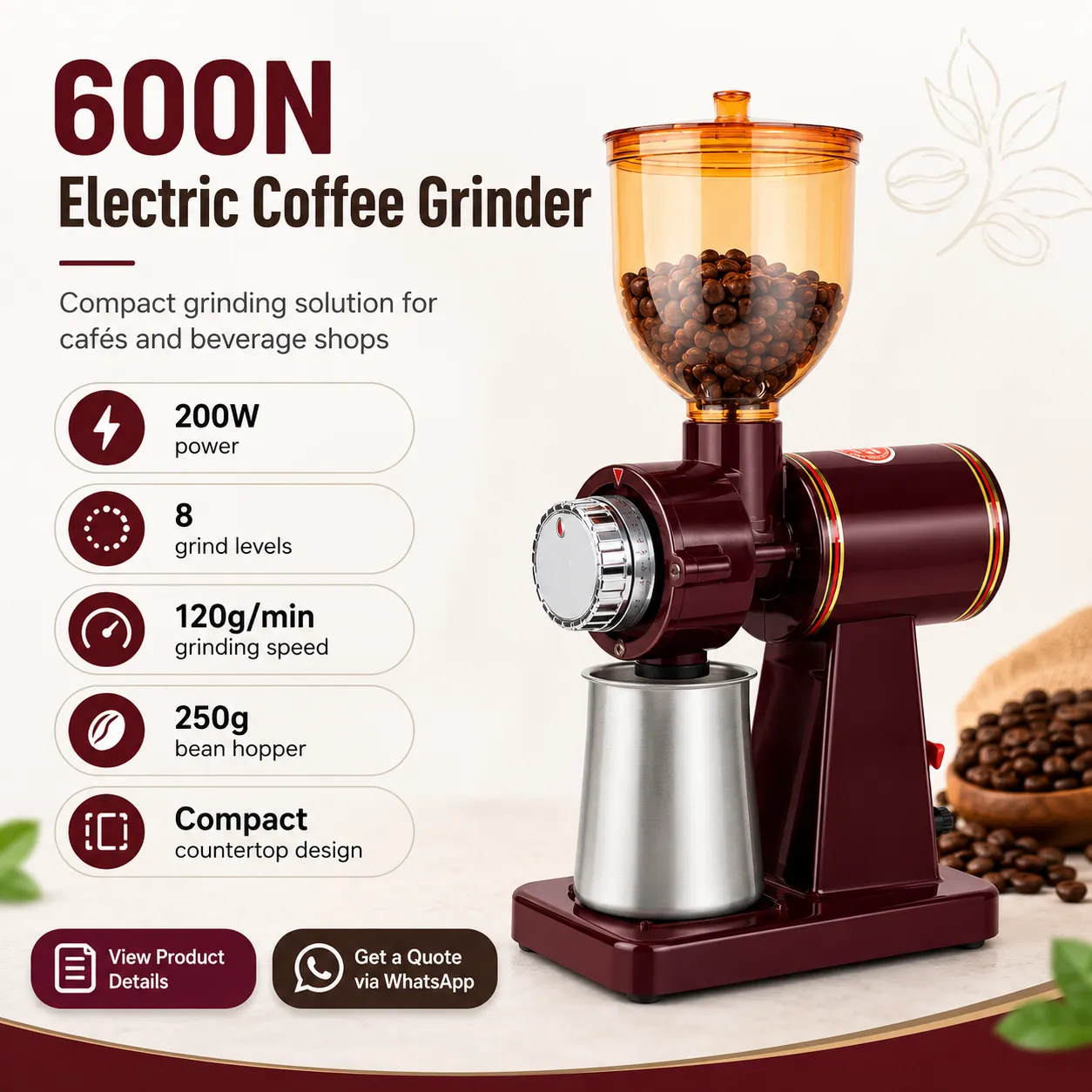 600N commercial coffee grinder for cafés and beverage shops