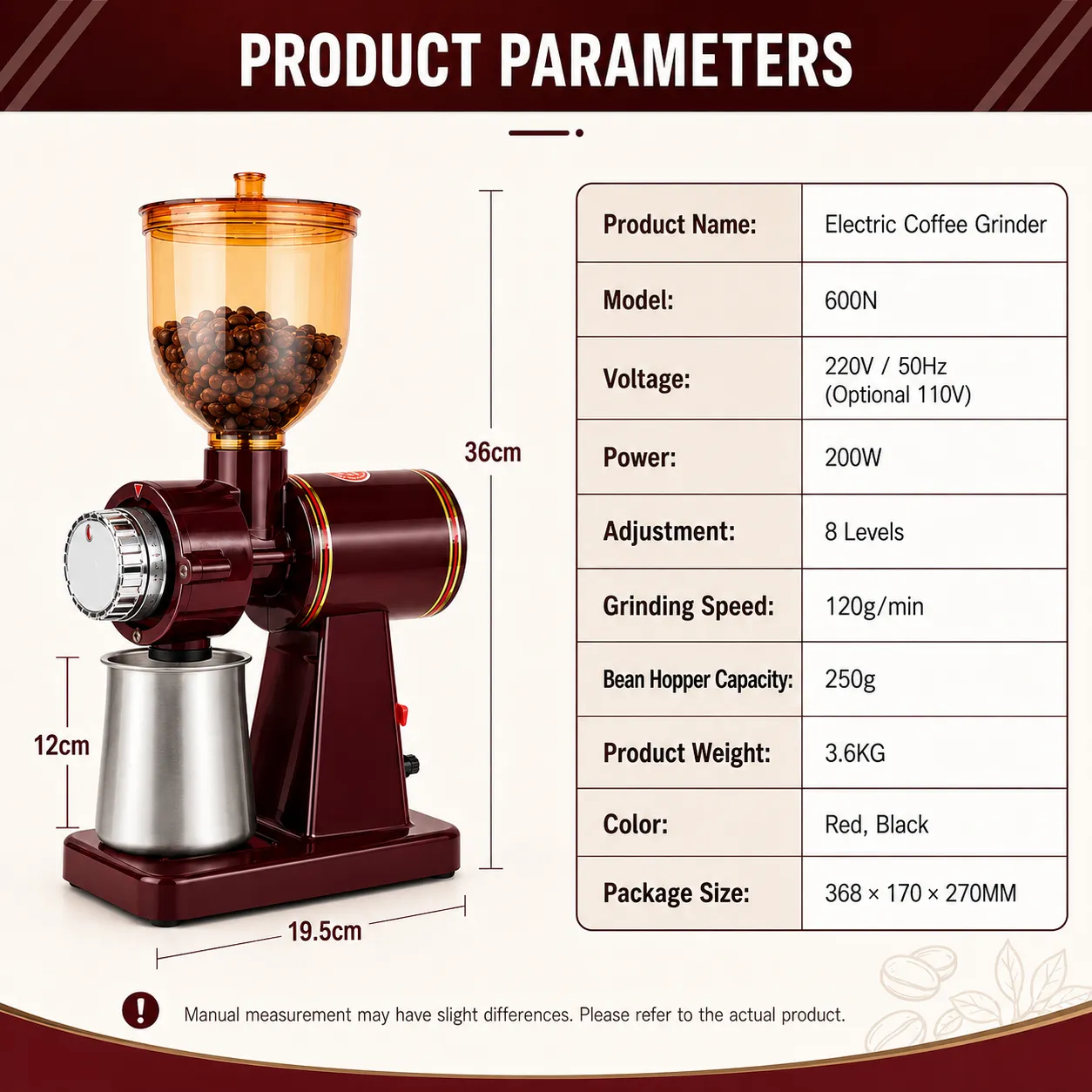 Model 600N electric bean grinder specifications and dimensions