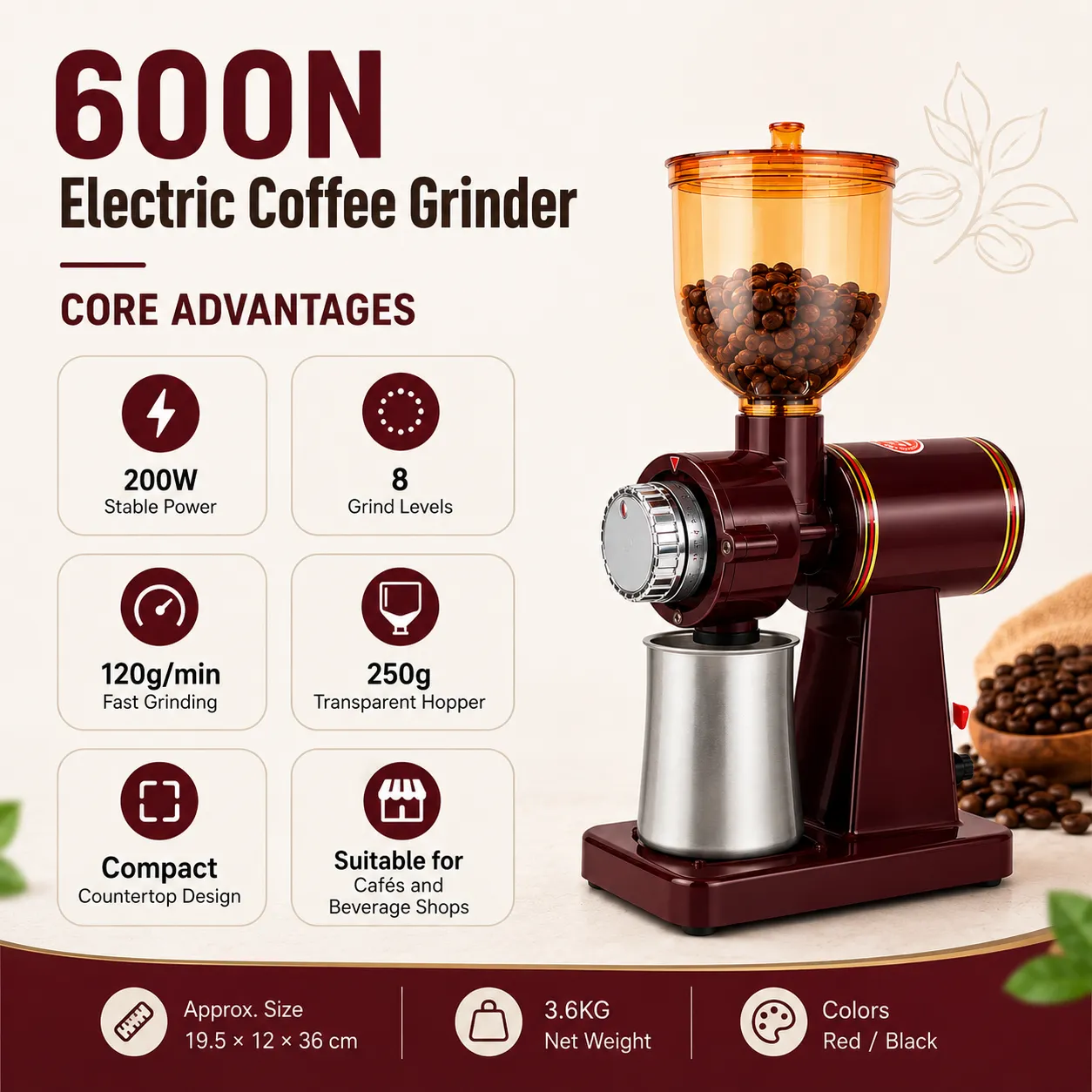 Commercial electric coffee grinder features with 200W power and eight grind levels