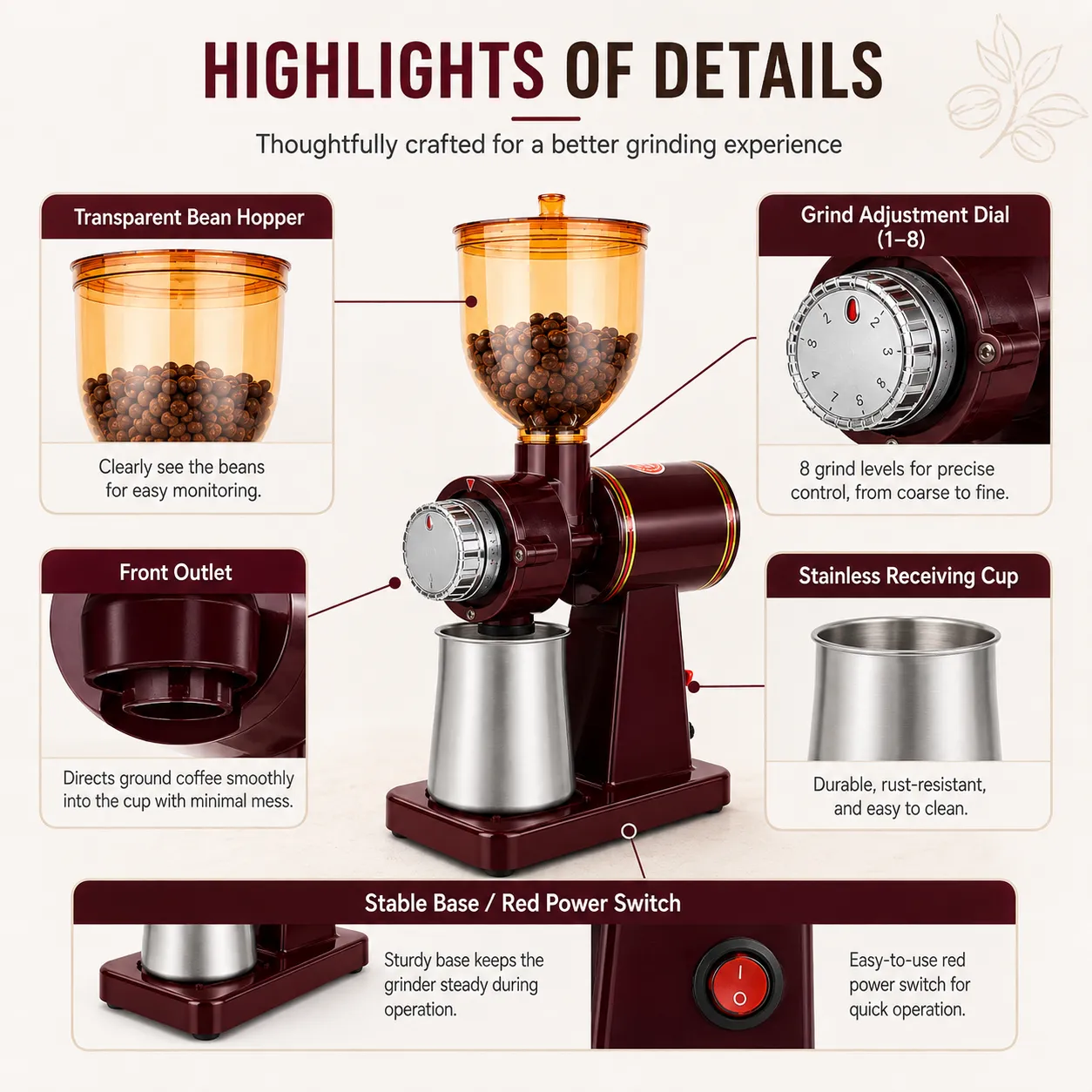 Transparent hopper, adjustment dial, outlet and stainless receiving cup