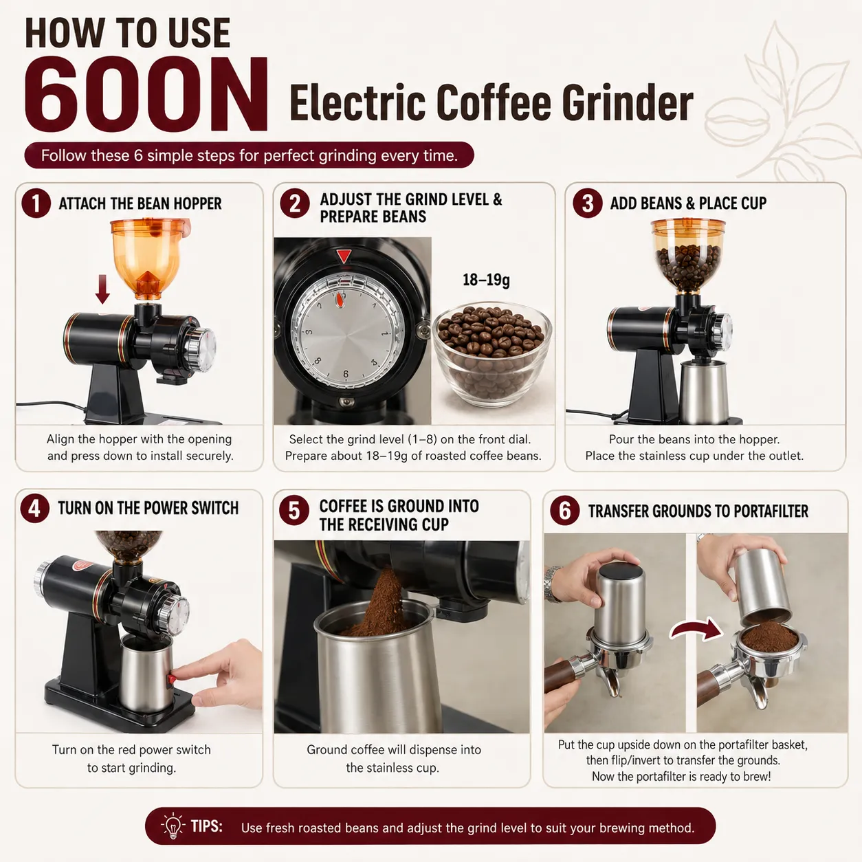 How to use a 600N coffee grinder with receiving cup transfer
