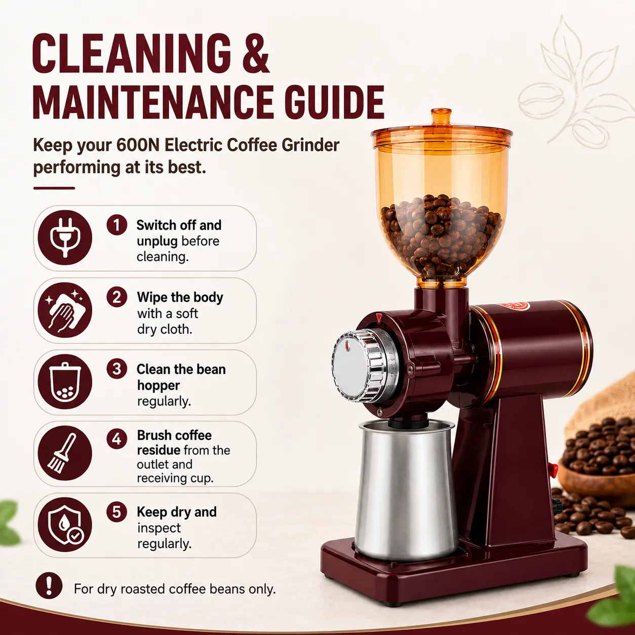 Hopper, outlet and receiving cup cleaning instructions
