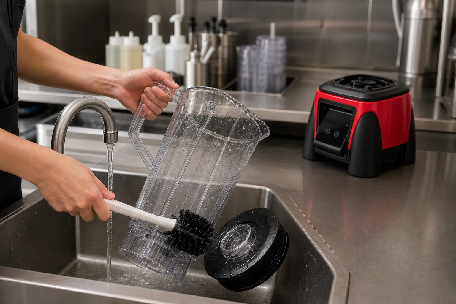 Detachable YD-1108 jar being rinsed while the unplugged motor base stays dry