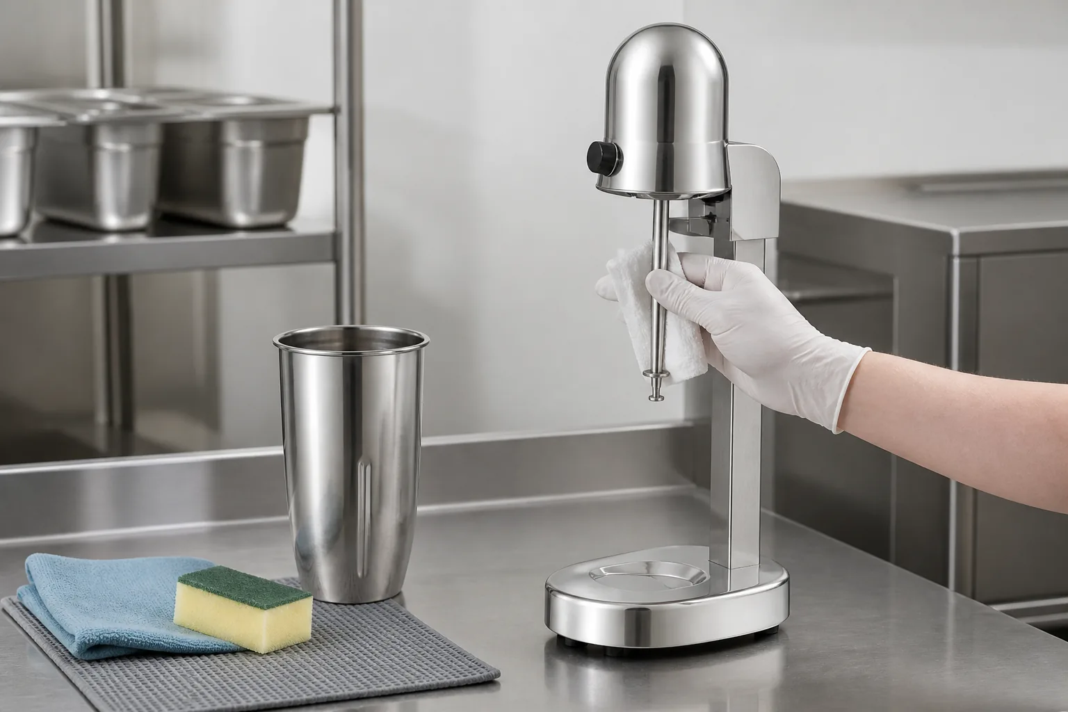 Cleaning a stationary drink-mixer spindle while the stainless cup dries separately