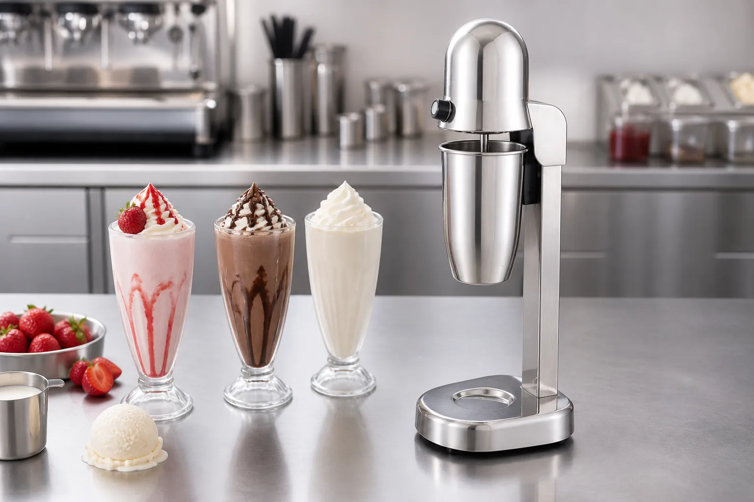 Single-head drink mixer on a dessert-shop counter with three finished shakes