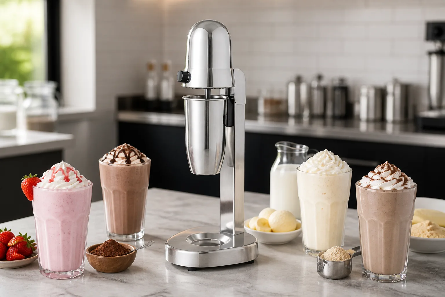 Strawberry, chocolate, vanilla and protein shakes with soft beverage ingredients