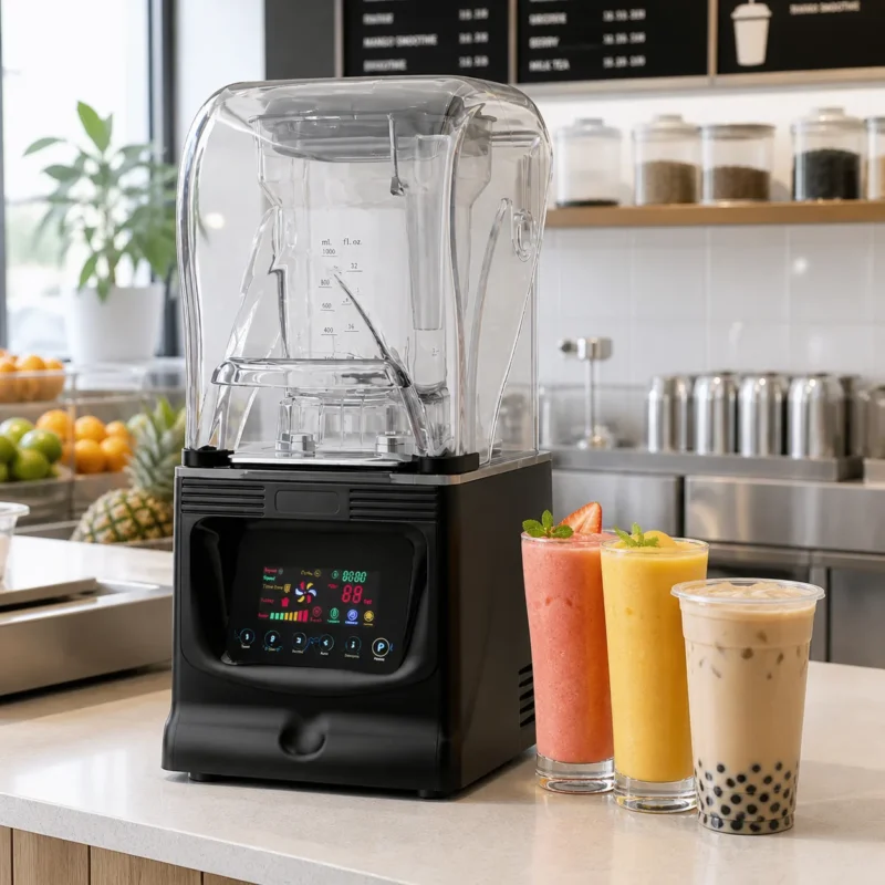 Soundproof blender on a juice bar counter with smoothies and milk tea