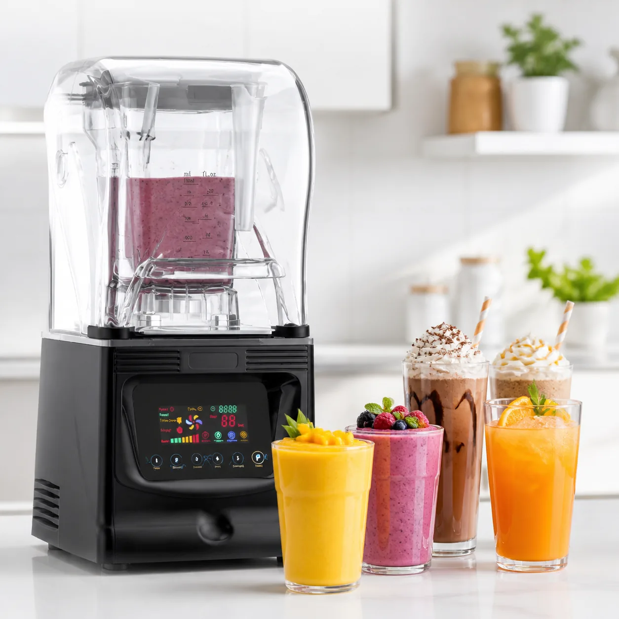 Soundproof blender for smoothie shops displayed with fruit drinks, milkshakes and frappes