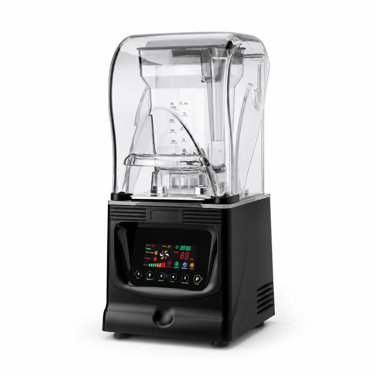 Soundproof blender for smoothie shops with a clear acoustic enclosure and digital controls