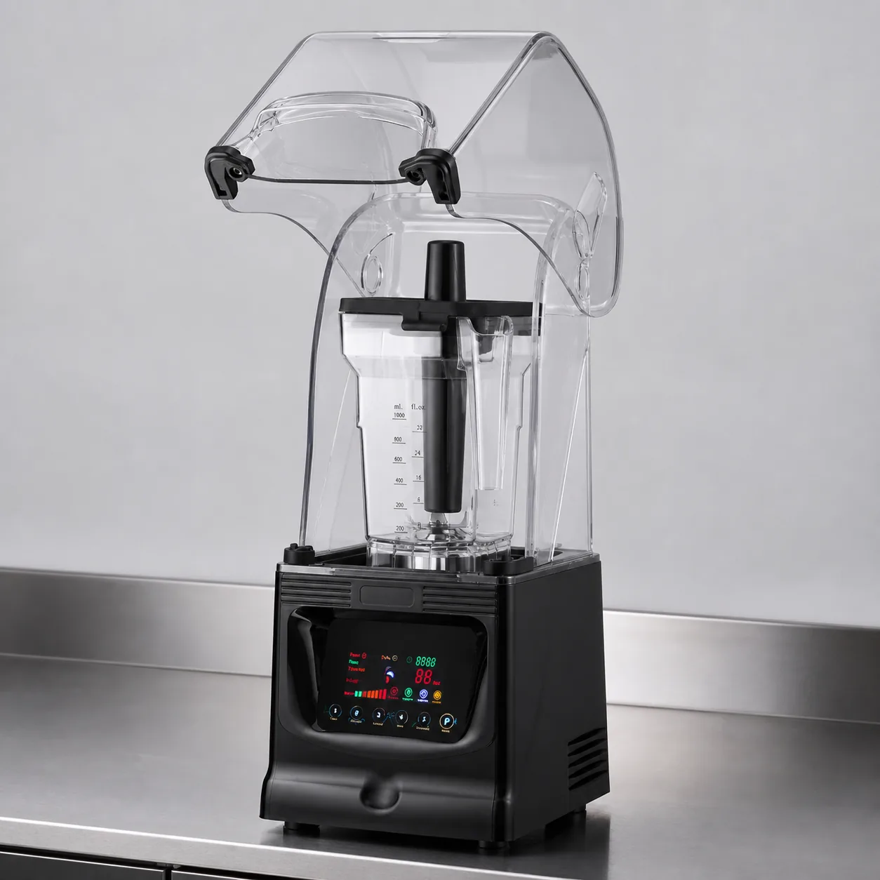 Raised transparent acoustic enclosure showing access to the removable jar