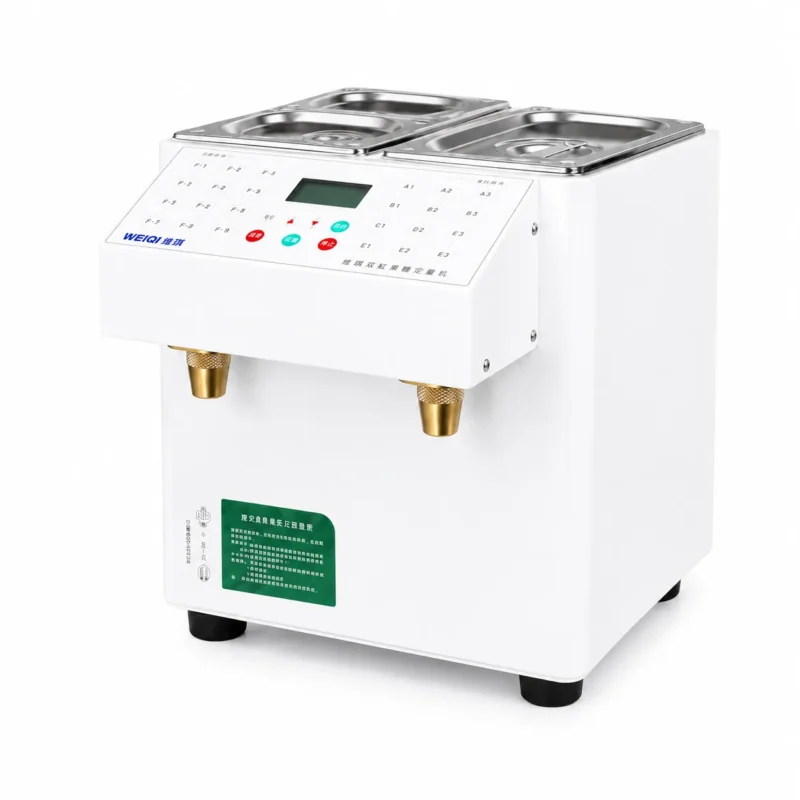 White dual-tank fructose dispenser with two syrup outlets