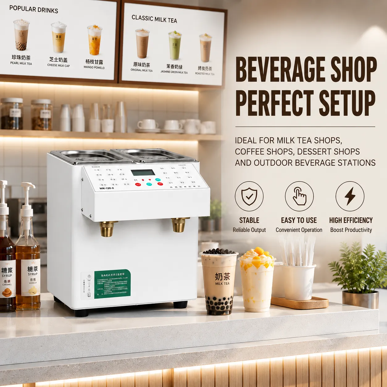 Two-outlet syrup dispenser installed on a milk tea shop counter