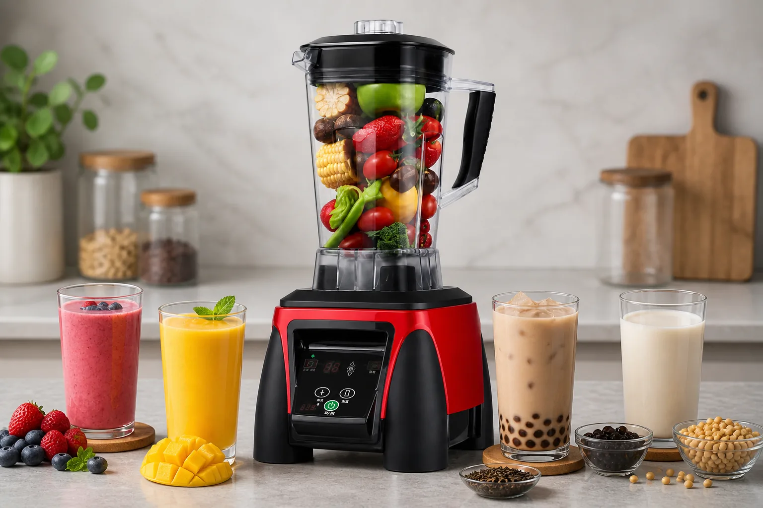 Berry smoothie mango drink milk tea and soy beverage displayed beside YD-1108