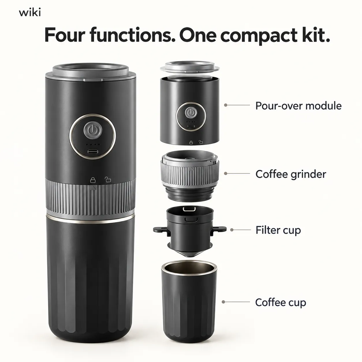 portable coffee maker components including grinder, filter cup, pour-over module and coffee cup