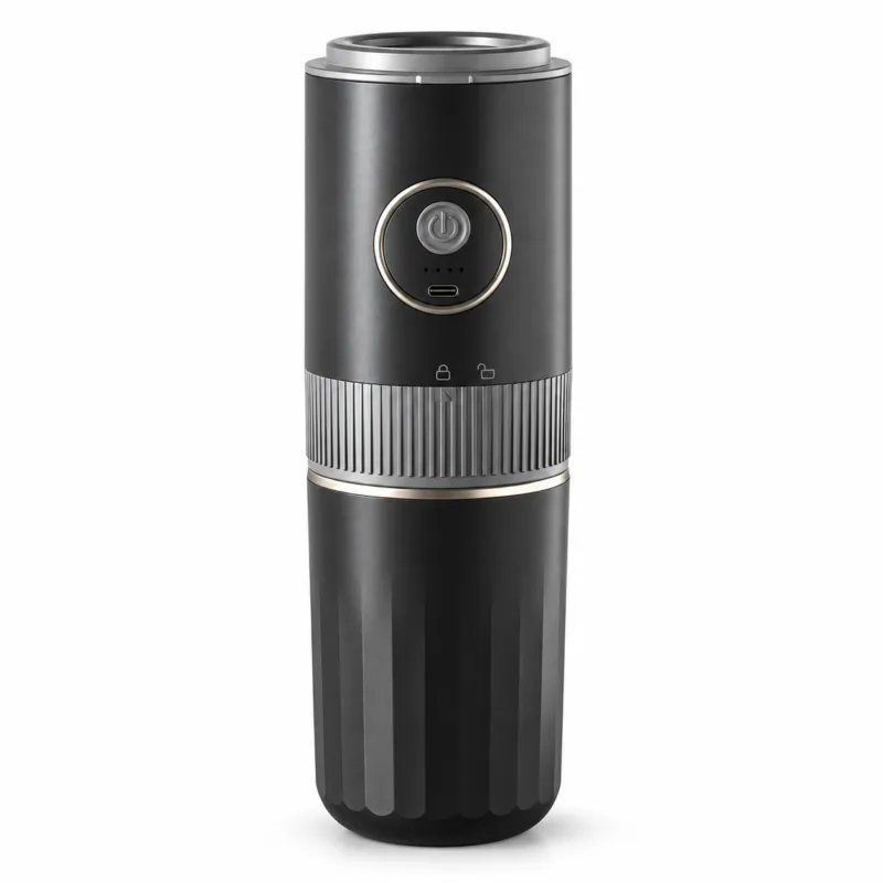 wiki portable 4-in-1 coffee maker with grinder, filter cup and coffee cup on white background